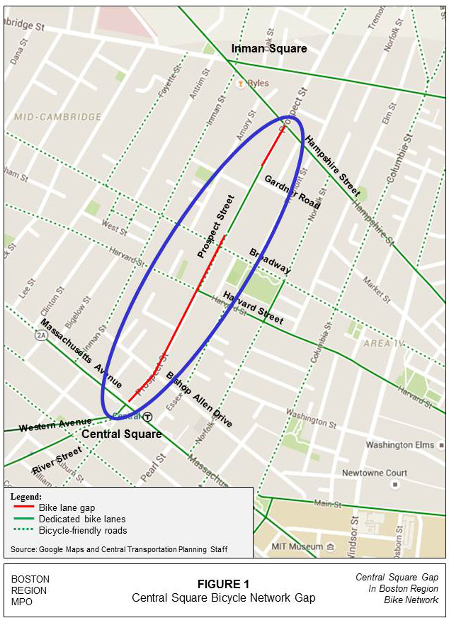 Figure 1 – Map of the gap in the Boston region bicycle network at Central Square in Cambridge. Figure 1 – Map of the gap in the Boston region bicycle network at Central Square in Cambridge.
